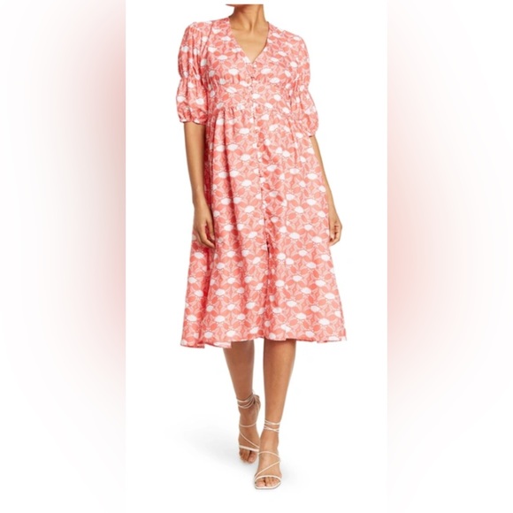 Cotton Emporium Dresses & Skirts - Coastal grandma orange white floral button puff sleeve flowy maxi grandmacore